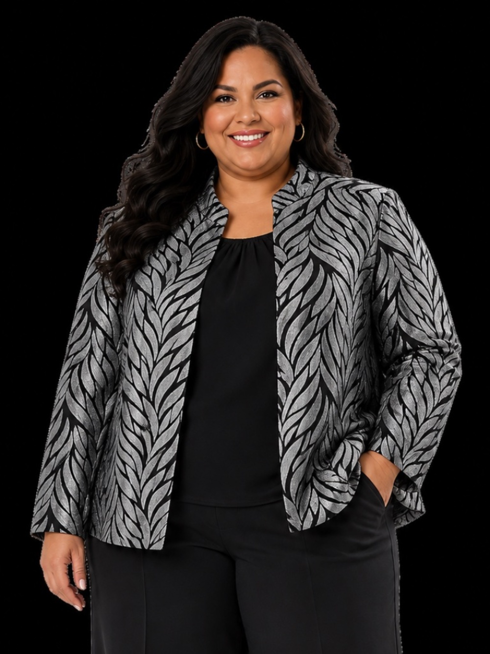 Jessica Howard Silver & Black Metallic Leaf Print Open Front Jacket – Size 20W